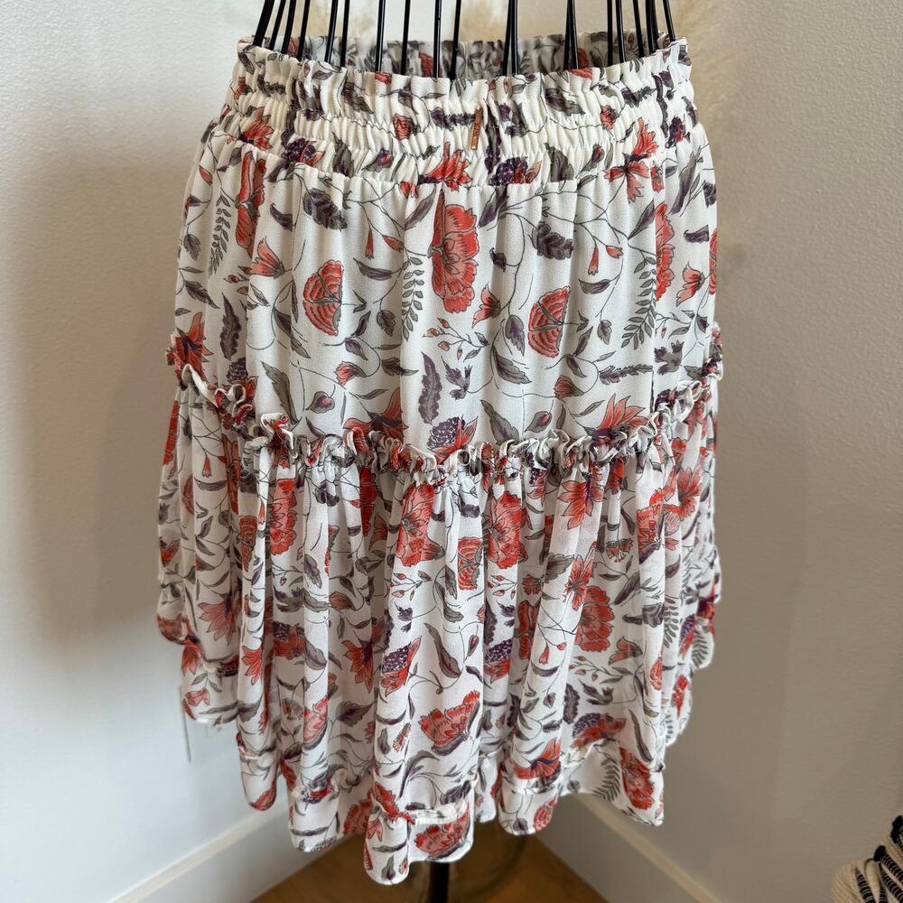 MISA Kahlo White Floral Tiered Ruffle Chiffon Mini Skirt Medium - Picture 5 of 10